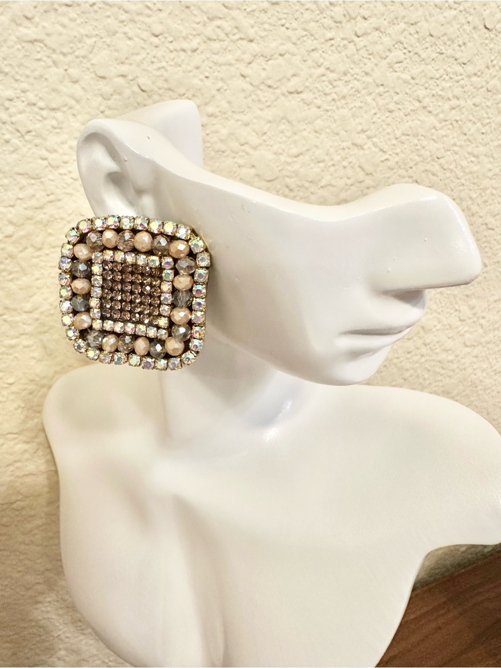 Handmade Soutache Champagne Crystal Square Earrings